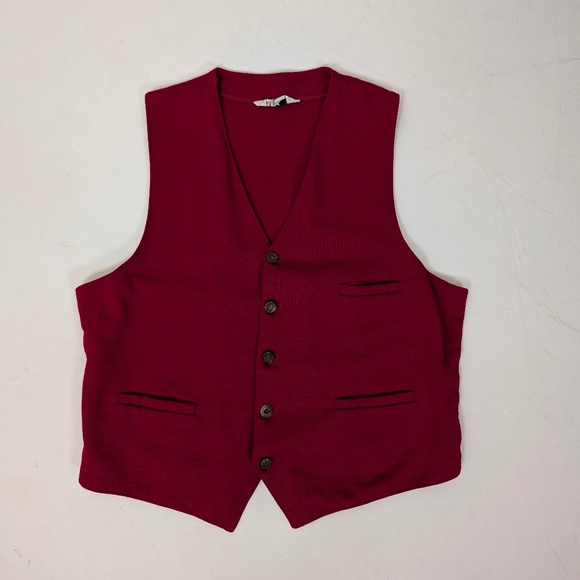70s Red Button Down Waistcoat Vest Relaxed Fit Sleeveless V-Neck - Picture 9 of 10